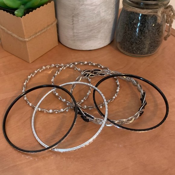 Silver Tone and Black Bangles (set of 6) - Picture 3 of 3